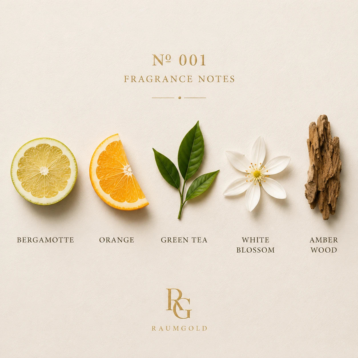 Duftnoten von № 001: Bergamotte, Orange, grüner Tee, weiße Blüten und Amberholz