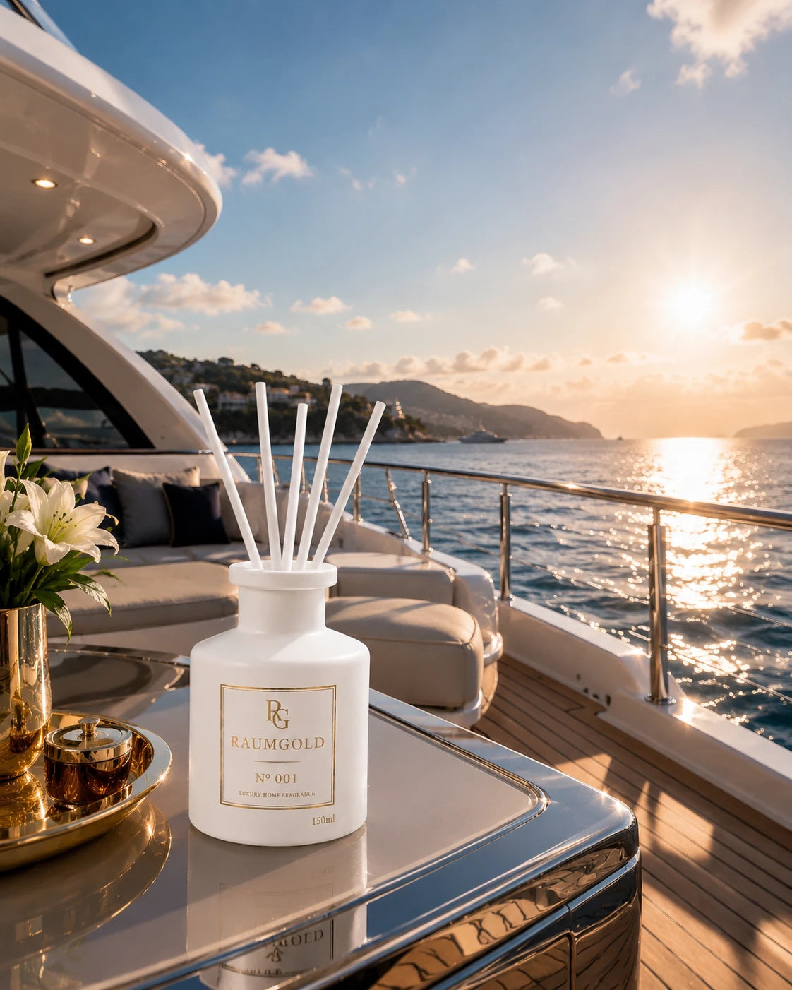 Raumgold № 001 Diffuser auf dem Deck einer Yacht vor glitzerndem Meer