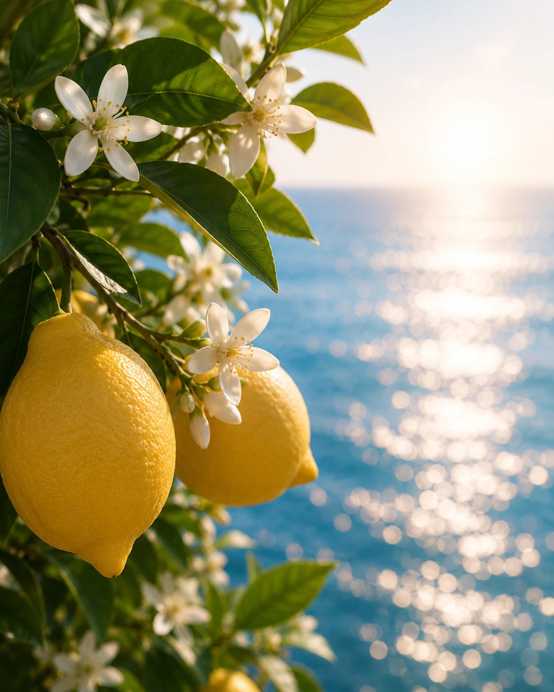 Zitronen und Zitrusblüten vor glitzerndem Meer